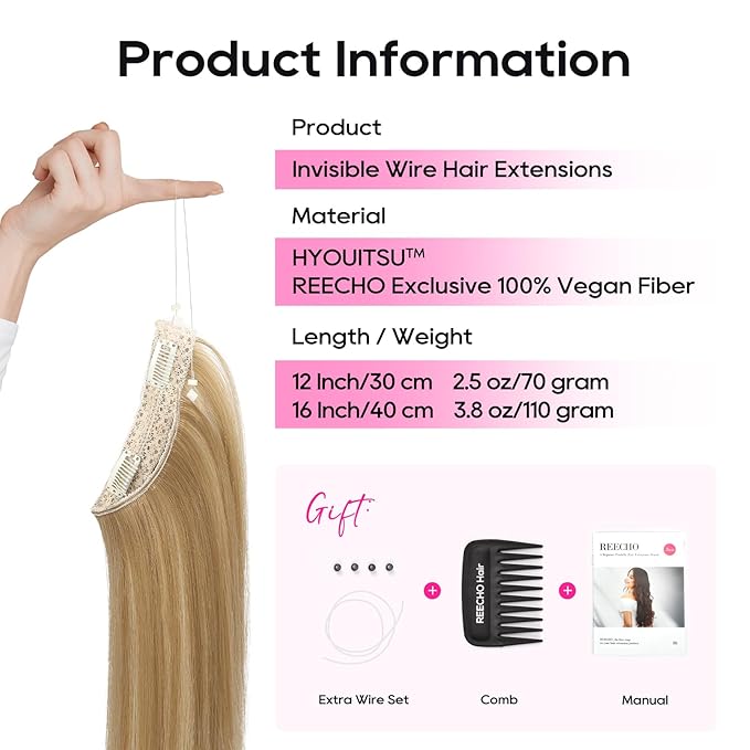 REECHO 16" Invisible Wire Hair Extensions with Thinner Softer Lace Weft Adjustable Size Removable Secure Clips in Short Straight Secret Hairpiece for Women - Golden Blonde with Highlights