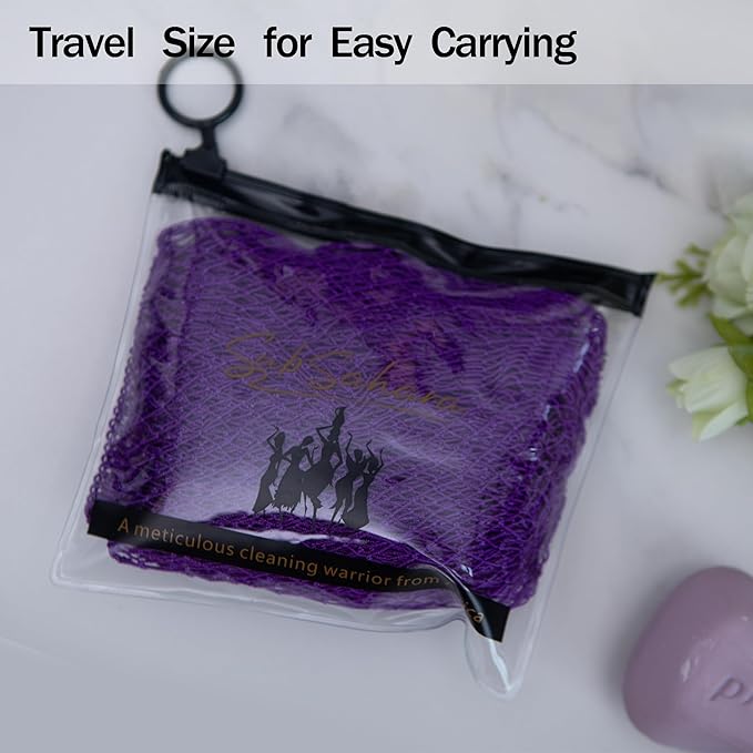SubSahara Authentic African Net Sponge - 2 Pieces Exfoliating Scrubber for All Skin Types, Bath Sponge for Face & Body, Travel Portable, Durable, Gentle Exfoliation (Deep Purple & Iavender Purple)