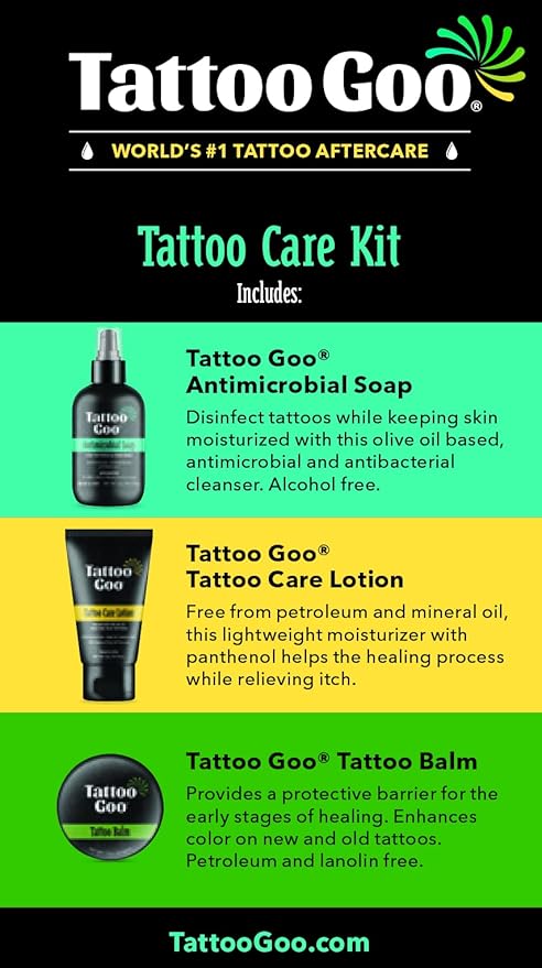 Tattoo Goo Aftercare Kit Includes Antimicrobial Soap, Balm, and Lotion, Tattoo Care for Color Enhancement + Quick Healing - Cruelty-Free, Petroleum-Free, Tattoo Artist Gifts (3 Piece Set)