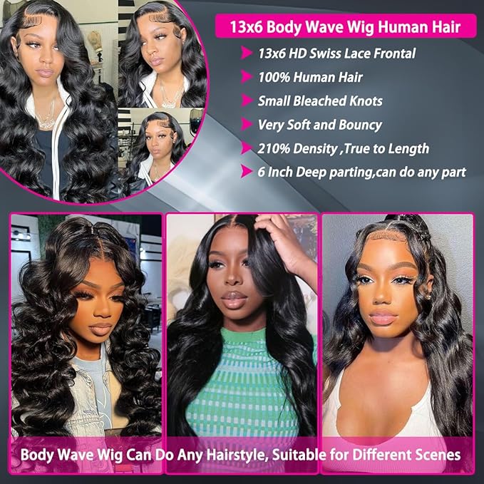 13x6 Natural Color Body Wave HD Transparent Lace Frontal Wigs Human Hair 220% Density Body Wave Lace Front Wigs Human Hair Pre Plucked Glueless Wig Human Hair for Women 24Inch