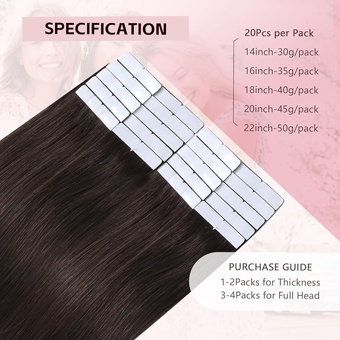 Injection Tape in Hair Extensions Human Hair 3rd-Generation Pro3.0#2 Dark Brown 20pcs 35g 16inch Seamless Hand-Tied Invisi Edge Invisible Tape ins Extensions（#2-16inch）