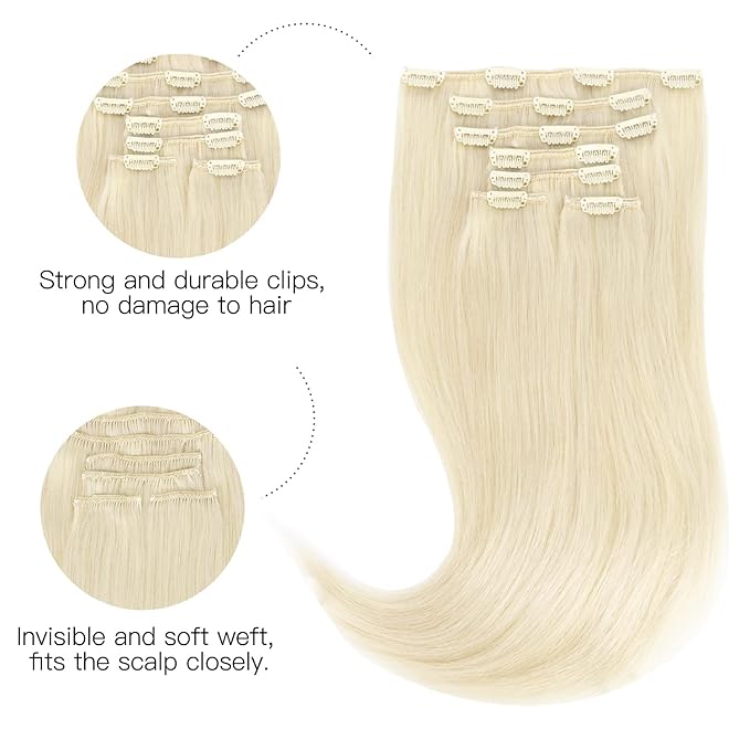 HOTBANANA Human Hair Clip in Hair Extensions, Platinum Blonde Hair Extensions 120g Clip in Hair Extensions Real Human Hair Straight Remy Hair Clip Ins 24 Inch 7pcs