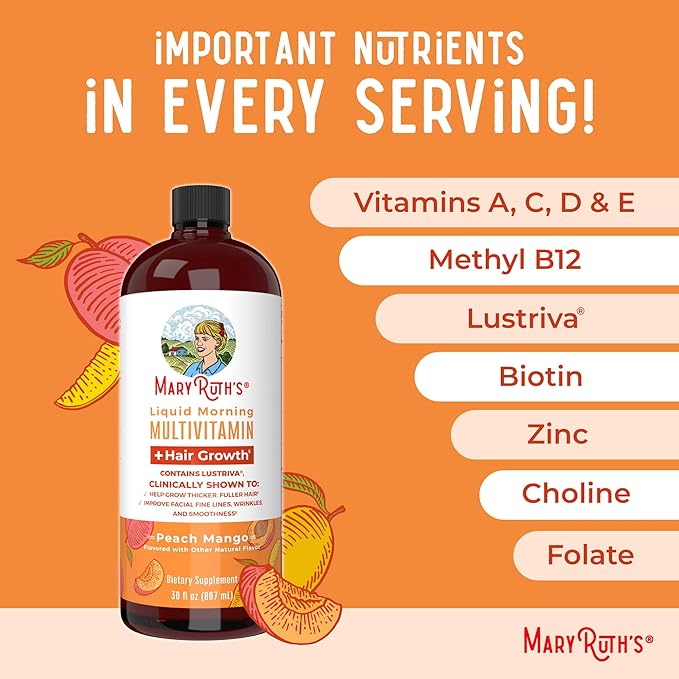 MaryRuth's Liquid Multivitamin+Hair Growth | Clinically Tested for Thicker Hair & Facial Wrinkles in Women | Biotin 10000mcg | Lustriva Hair Growth Supplement | Skin Care | Age 18+ | 30 Fl Oz