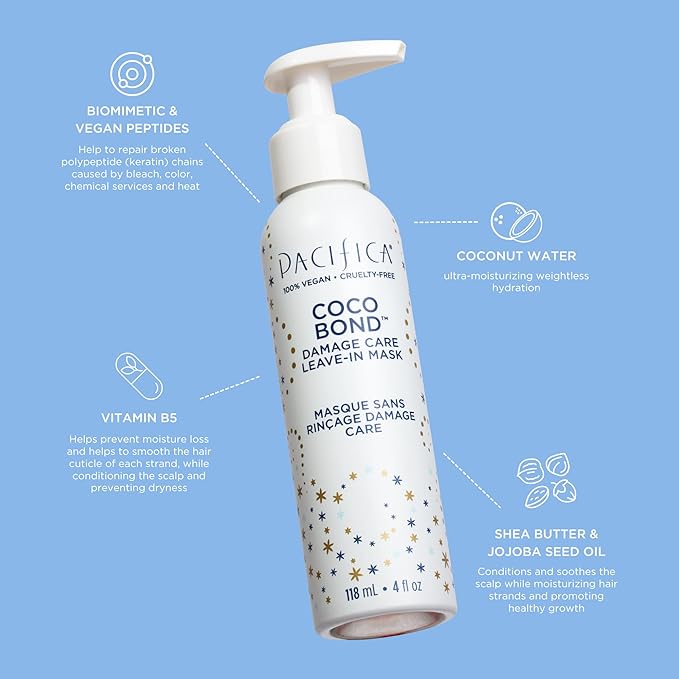 Pacifica Mini Coco Bond Damage Care Leave-In Mask – Bond Repair Hair Treatment for Damaged Hair, Concentrated Travel-Size Leave-In Conditioner Restores Strength & Shine, Vegan & Cruelty-Free, 1.4oz