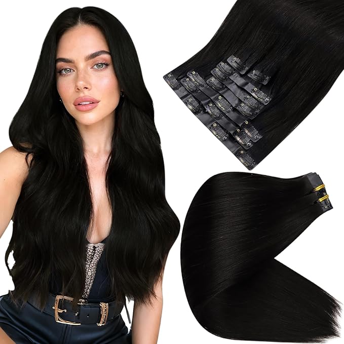 Full Shine Black Clip in Hair Extensions 18 Inch Seamless Clip ins Extensions Real Human Hair Black Human Hair Extensions for Women with PU Weft Softness 8 PCS 120 G