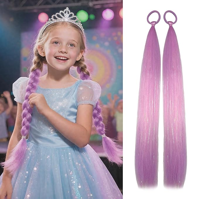 Purple Hair Extensions for Braids Ponytail Extension 2 Packs, 20 inch Crazy Hair Day Accessories for Women, DIY Festival Wacky Rave Braids,Tinsel Mixed
