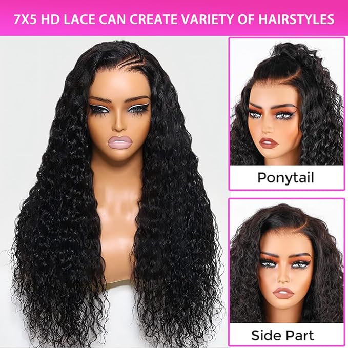 28 Inch Pre Cut 7X5 HD Lace Glueless Water Wave Wigs Human Hair Pre Plucked ,Curly Wear and Go Pre Bleached Knots Lace Front Wig Natural Hairline with Baby Hair for Women 200% Density Natural Black