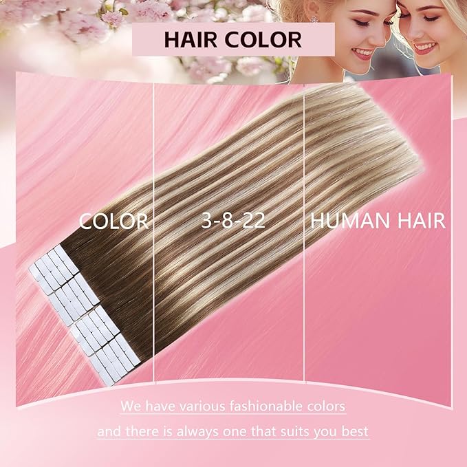 3rd-Generation Invisible Tape in Hair Extensions Human Hair #3/8/22 Walnut Brown to Ash Brown and Golden Blonde 20pcs 40g 18inch Insert Hand-Tied Tape ins Extensions（#3/8/22a-18inch）