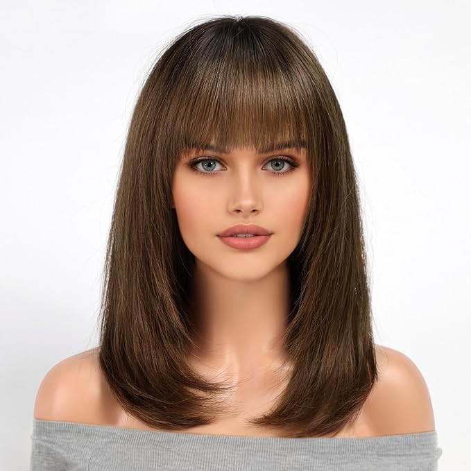 KKU 16 Inch Ombre Brown Human Hair Wigs for Women,Layered Straight Hair Wig with Bangs,Wear Natural Realism