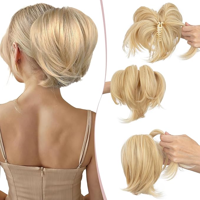 Claw Clip Short Ponytail Hair Extensions Messy Bun Hair Piece Pony Tails Hair Extensions with Bendable Metal Wire Hair Pieces DIY Style 8 Inch 86H613 Soft Brown & Light blonde