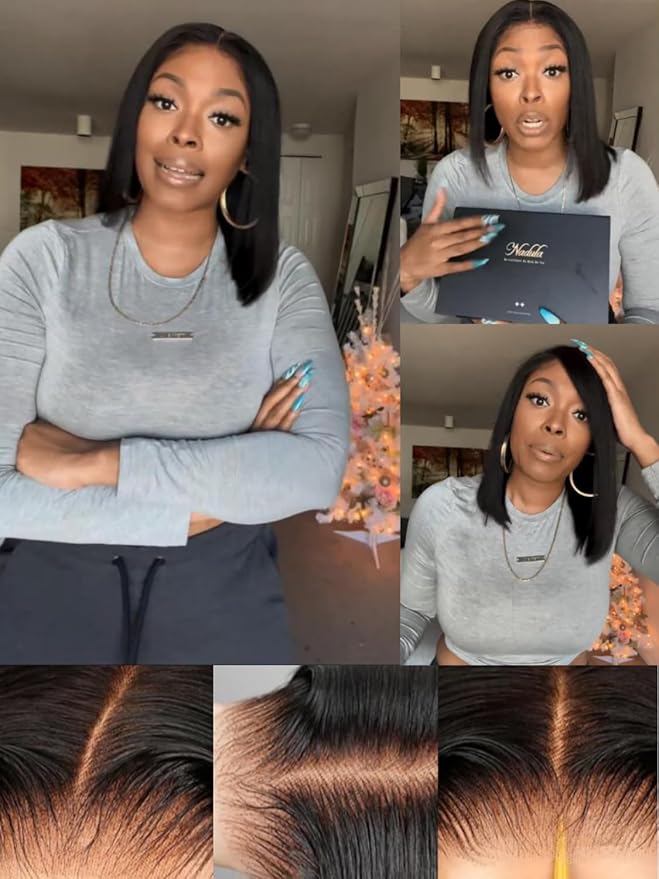 Nadula Bye Bye Knots Yaki Straight Bob Glueless Wig Pre Cut/Plucked/Bleached 7x5 Lace Front Wigs Human Hair Invisible Knots Pre Everything 3S Ready to Go Short Yaki Bob Wigs 150% Density 10inch