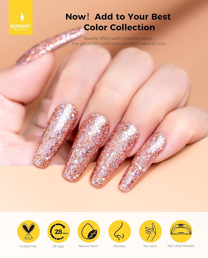 BURANO Glitter Nail Polish, LED UV Shimmer Holographic Effect Soak Off, No Chip Sparkle Gel for Home DIY Nail Salon (Sparkly LP16)