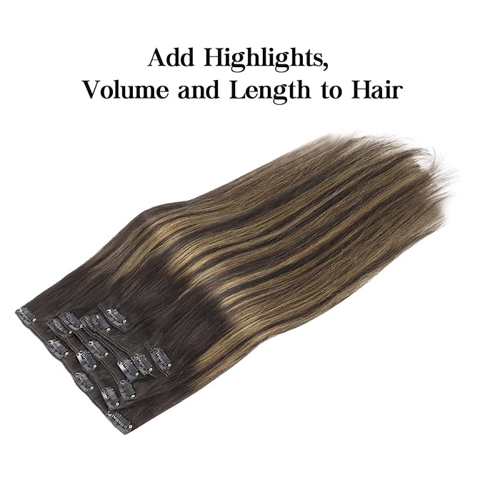 HOTBANANA Human Hair Clip in Hair Extensions, Balayage Natural Black to Chestnut Brown 75g Clip in Hair Extensions Real Human Hair Straight Remy Hair Clip Ins Dark Roots Ombre 12 Inch 7pcs