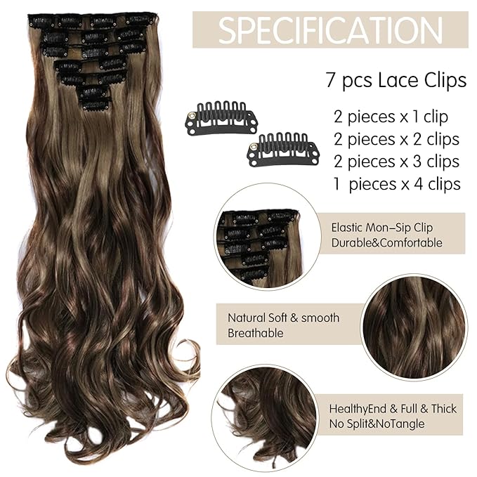 22 Inch Clip In Hair Extensions 7 PCS Long Wavy Synthetic Black Hair Extension & Natural Soft Invisible Clip Thick Hairpieces for Women Daily(20Inch, 7pcs, Copper Brown)