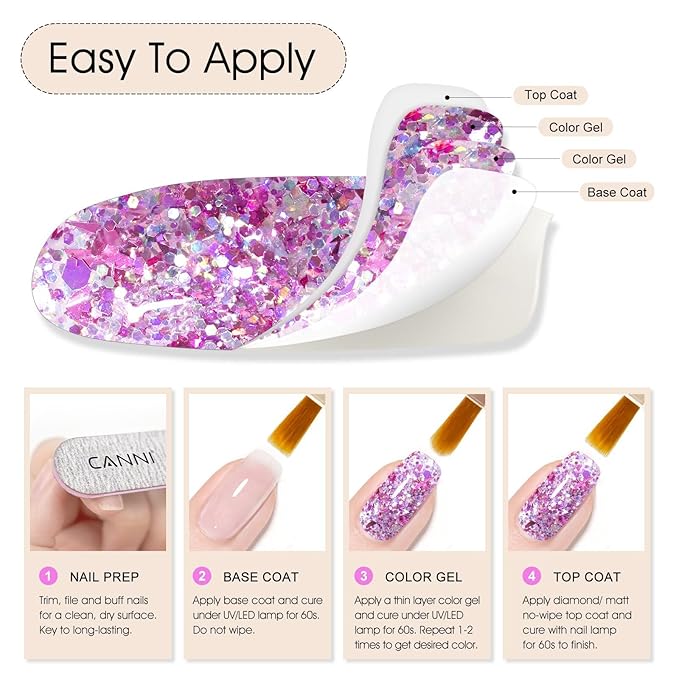 CANNI Glitter Gel Nail Polish – 1pcs 9ml Light Eggplant Color, Soak Off UV LED Nail Gel for DIY Nail Art, Salon or Home Manicure
