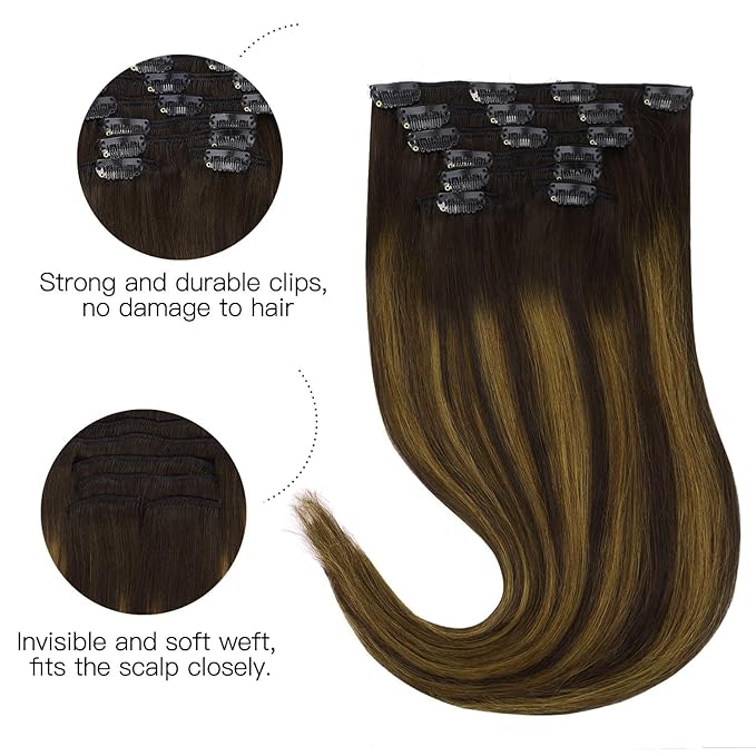 HOTBANANA Human Hair Clip in Hair Extensions, Balayage Dark Brown Mixed Golden Brown 120g Clip in Hair Extensions Real Human Hair Straight Remy Hair Clip Ins 14 Inch 7pcs