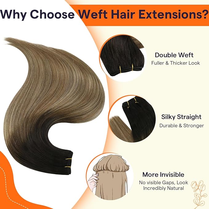 Full Shine Weft Hair Extensions Remy Hair Invisible Sew In Hair Extensions Real Human Ombre Human Hair Bundles For Women 20 Inch 105G Soft Silky Hair