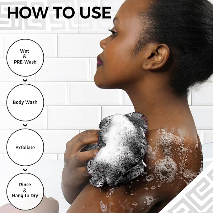 African Net Sponge Black and AntiGolden - 2 Pieces Authentic African Bath Sponges with Knots - Exfoliating Body Scrubber for Men - Back Scrub Exfoliator for Shower Bathroom Accessories