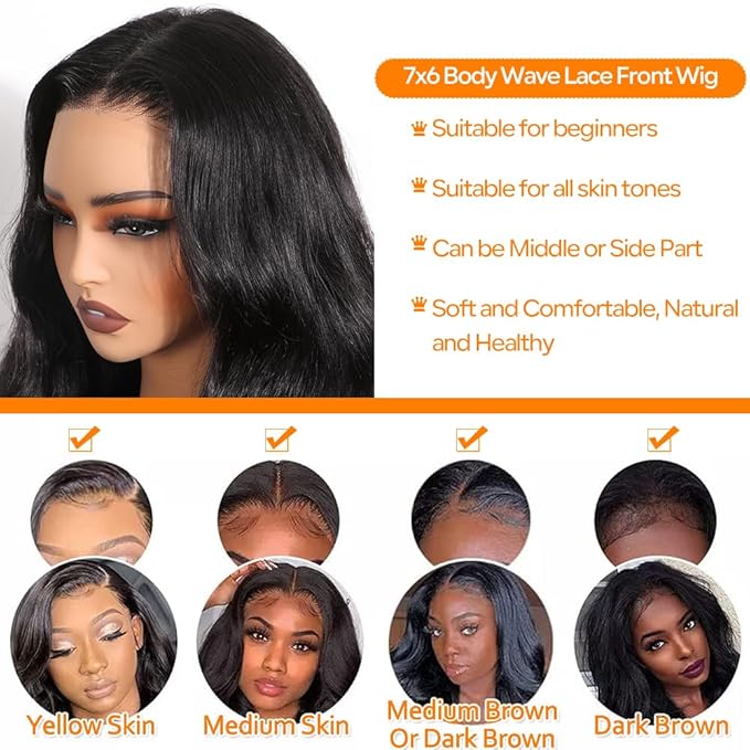 CHEETAHBEAUTY 7x6 Glueless Wigs Human Hair Pre Plucked Pre Cut 34 Inch Body Wave Lace Front Wigs Human Hair for Women 7x6 HD Lace Closure Wigs with Elastic Drawstring 200% Density Natural Color