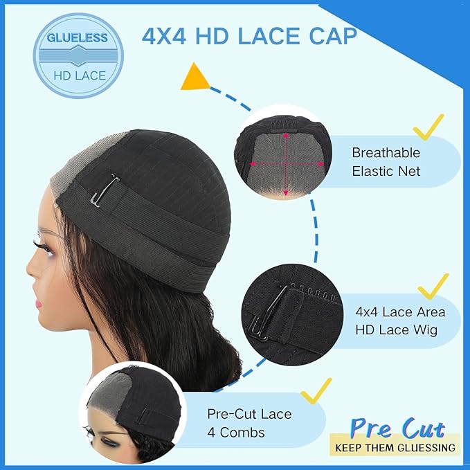 Wear and Go Glueless Wigs Human Hair Pre Cut Bob Wig Human Hair Glueless Lace Front Wigs Pre Plucked 4x4 HD Lace Closure Wigs For Black Women With Natural Hairline(8 Inch)