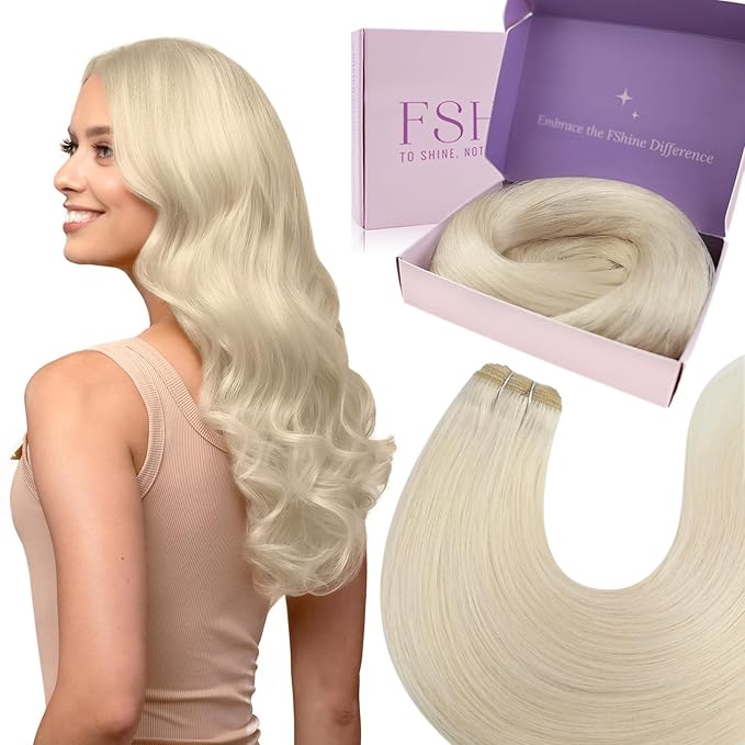 Fshine White Blonde Weft Hair Extensions Human 24 inch 100 g Blonde Double Weft Sew in Real Hand Tied Straight Hair Extensions for Women Daily Wear Party Professional Use