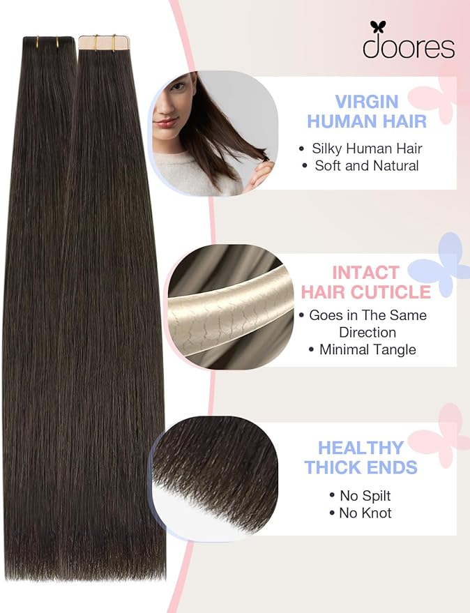 DOORES Invisi Edge Extensions Human Hair, Mocha Brown 10 Injection Tape ins 50g 24Inch, Injected Tape in Extensions Straight