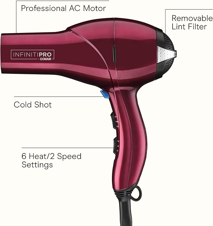 Infiniti PRO CONAIR Hair Dryer with Diffuser, Professional AC Motor, Tourmaline Ceramic Technology Blow Dryer, Includes Concentrator and Blowout Brush, Amazon Exclusive, Burgundy