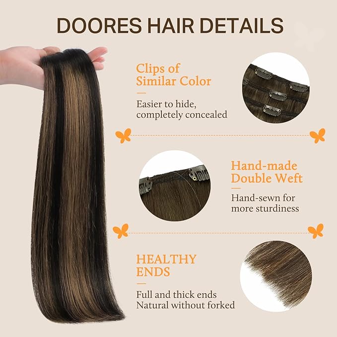 DOORES Hair Extensions Real Human Hair, Balayage Natural Black to Chestnut Brown 18 Inch 135g 7pcs, Remy Extensions Clip ins Real Straight Thick