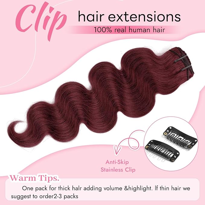 Clip in Hair Extensions Real Human Hair Body Wave 99J Burgundy Clip in 100% Brazilian Remy Human Hair Extensions 8pcs Per Set with 18 Clips Double Weft 16 Inch 90g/3.6oz
