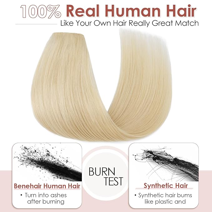 Benehair One Piece 5 Clips in Hair Extensions Human Hair 3/4 Full Head V Shaped Weft Thick Lace Net For Women (20"-70g #60 Platinum Blonde)