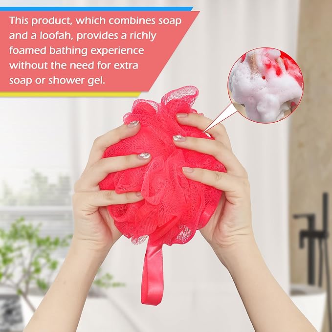 Bath Shower Loofah with Strawberry-Scented Soap – Soft & Exfoliating Body Scrubber, Soap-Infused Loofah, Luxurious Spa Experience, Durable (Red - Strawberry, Medium (Pack of 1))