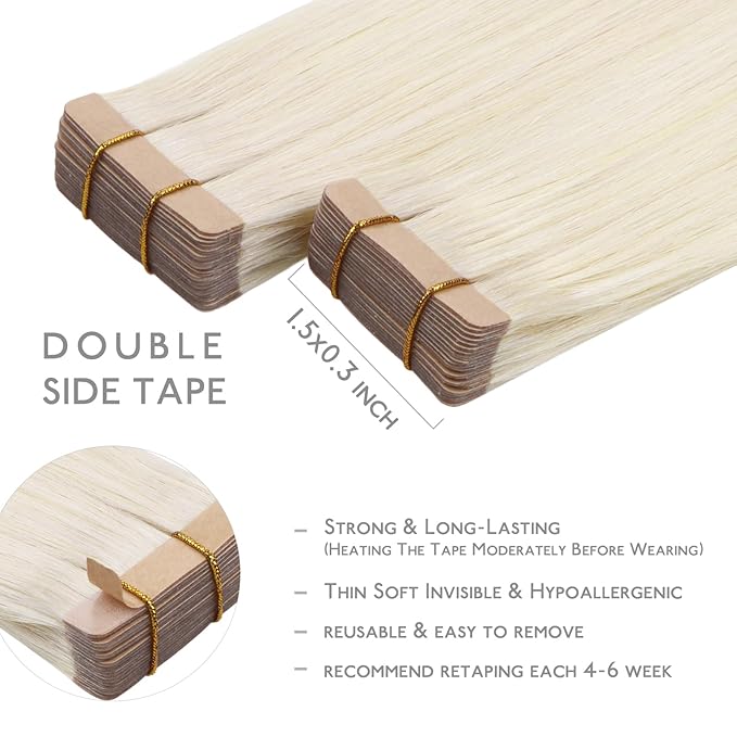 WENNALIFE Tape in Hair Extensions Human Hair, 20pcs 50g 20 inch White Blonde Remy Hair Extensions Straight Human Hair Tape in Extensions Skin Weft Tape Extensions Human Hair