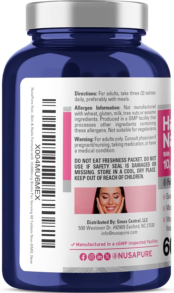 NusaPure Hair, Skin & Nails Formula with 10,000 mcg Biotin Per Serving 60 Tablets Vegetarian/Vegan, Non-GMO