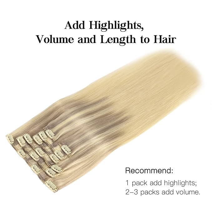 HOTBANANA Human Hair Clip-in Extensions, Ash Blonde to Golden Blonde & Platinum Blonde, 75g, 12 Inch, 7pcs, Real Human Hair, Straight Remy