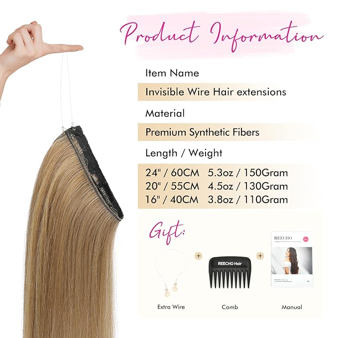 REECHO Invisible Wire Hair Extensions with Transparent Headband Adjustable Size Removable Secure Clips in Straight Secret Hairpiece for Women - 16 Inch,Light Brown with Highlights