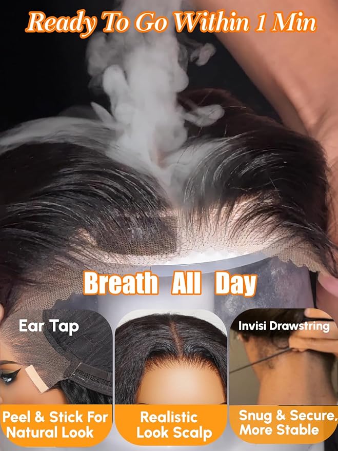 Julia Hair 13x4 HD Real Scalp™ Wig Invisible Pre Everything Lace Frontal Kinky Straight Wig Glueless With Invisi Drawstring Pre Plucked Pre Cut Natural Black Wigs for Women Put On and Go 22 Inch