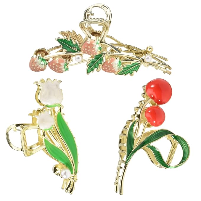3-Piece Floral Metal Hair Accessories: Strawberry Cherry Tulip Barrettes, Elegant Strong Hold Non-Slip Clamps for Thin/Medium Thick Hair