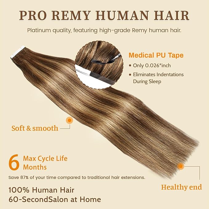 DNE Tape in Hair Extensions Real Human Hair 24 inches 20Pcs/50g/Pack Seamless Dark Brown to Chestnut Brown#T4-P4/27 Straight Invisible Double Sided Tape in Hair Extensions for Women/Girls