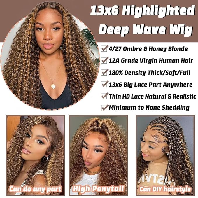 Highlight Ombre Lace Front Wigs Human Hair Honey Blonde Deep Wave 13x6 HD Transparent Lace Frontal Wigs Human Hair P4/27 Colored Curly Wig for Women 180% Density Glueless Pre Plucked 28 Inch Wig