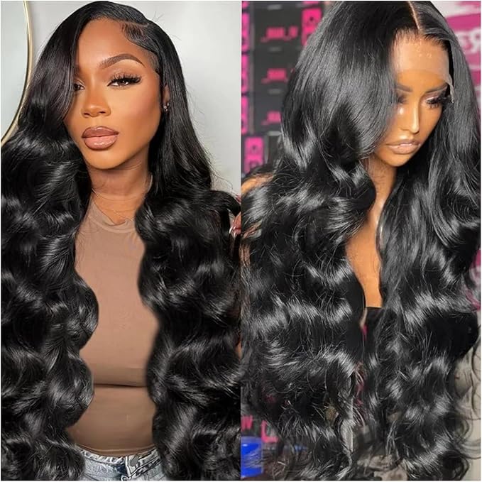 13x6 Body Wave Lace Front Wigs Human Hair Pre Plucked 200% Density HD Transparent Lace Frontal Wigs Human Hair With Baby Hair Natural Black 36 Inch