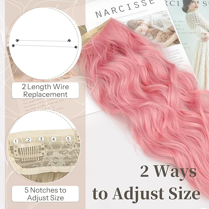 KooKaStyle Invisible Wire Hair Extensions with Transparent Headband Adjustable Size 4 Secure Clips Long Wavy Hairpiece 20 Inch Sakura Pink for Women