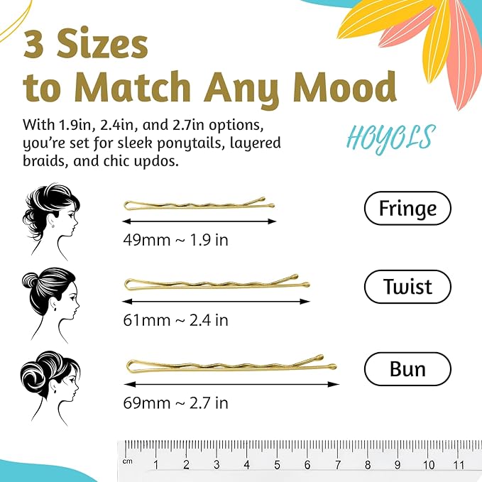 HOYOLS Gold Bobby Pins for Hair, 150 PCS in 3 Sizes (1.9", 2.4", 2.7") for Women Girls, Blonde Hair Pins for Bun, Updo & Styling (Gold)
