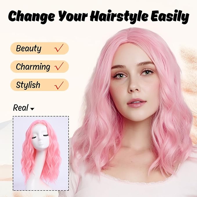 Medium Length Pink Wigs for Women 18 Inch Middle Part Wavy Pink Wig Natural Looking Synthetic Heat Resistant Fiber Wig for Daily Party Use (18 inch)