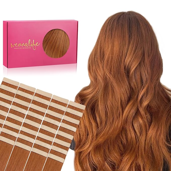 WENNALIFE Tape in Hair Extensions, 40pcs 100g 20 Inch Dirty Ginger Human Hair, Straight Invisible Reusable Real Extensions