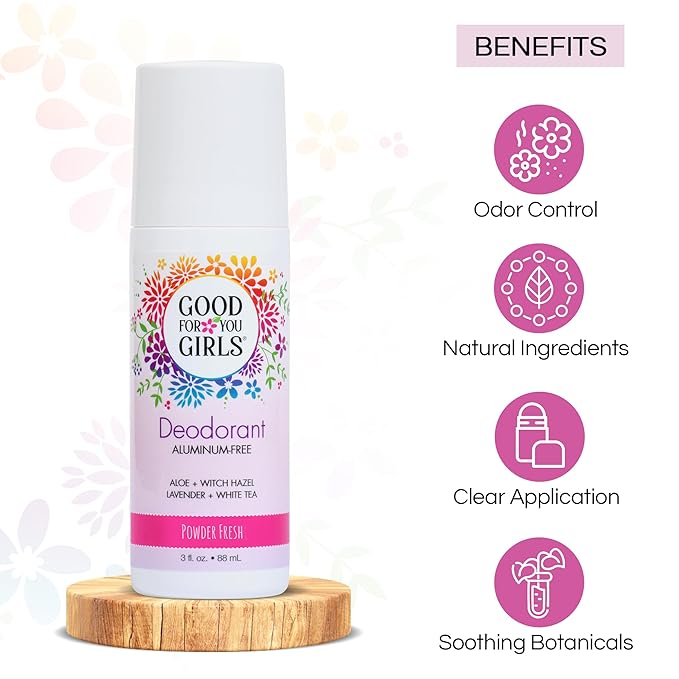 Good for You Girls Aluminum-Free, Natural Deodorant for Kids, Pre teens, Teens, Safe & Effective Odor Control, Clear Roll-On, Natural Fragrance, Vegan, Made in USA | Soft Powder, 3 oz (Pack of 2)
