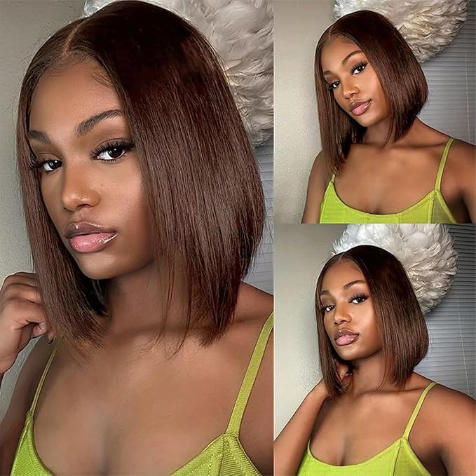 LICHANG Bob Chocolate Brown 13x4 Straight HD Transparent Lace Front Wig 200% Density 14 Inch