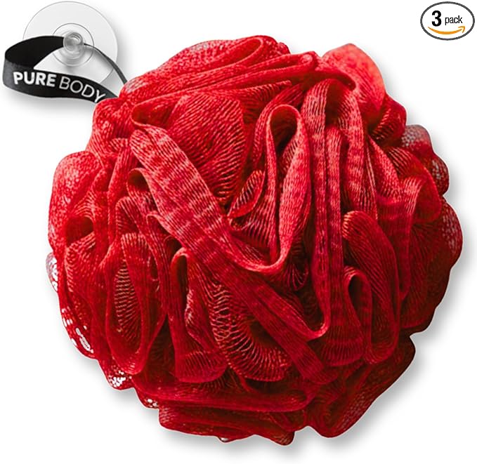 Large Bath Sponge Pack of 3 – Soft 70G Mesh Loofahs with Suction Cup (Dark Red): Gentle Exfoliation for All Skin Types, Rich Lather Poufs for Daily Shower Use