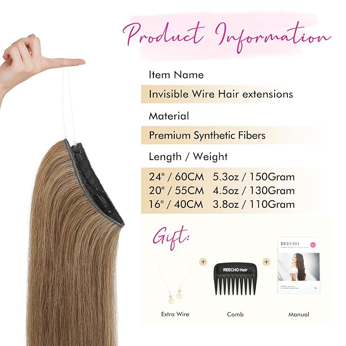 REECHO Invisible Wire Hair Extensions with Transparent Headband Adjustable Size Removable Secure Clips in Straight Secret Hairpiece for Women - 16 Inch,Light Brown
