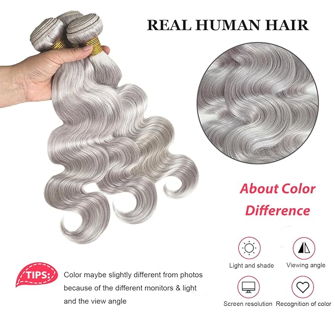 Silver Grey Body Wave Bundles Human Hair 22 22 22 inch 100% Virgin Human Hair Weave Extensions Double Weft 12A Gray Human Hair 3 Bundles