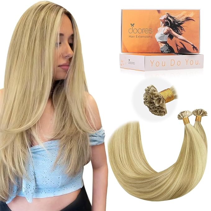 DOORES Keratin Hair Extensions, Light Blonde Highlighted Golden Blonde 16 Inch 50g/50s, Utip Extensions Real Human